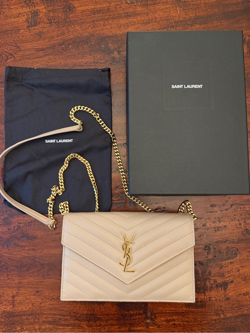 Saint Laurent Beige Quilted Chain Crossbody Wallet with Gold YSL